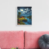Moonlit Cabin by the River - Natuur muurkunst Canvas Afdruk (Insitu (Woonkamer))