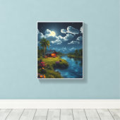 Moonlit Cabin by the River - Natuur muurkunst Canvas Afdruk (Insitu (Houten vloer))