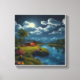Moonlit Cabin by the River - Natuur muurkunst. Canvas Afdruk