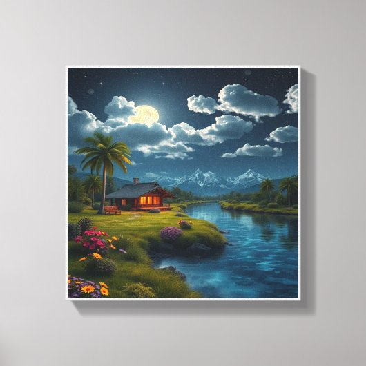 Moonlit Cabin by the River - Natuur muurkunst. Canvas Afdruk (Voorkant)