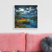 Moonlit Cabin by the River - Natuur muurkunst. Canvas Afdruk (Insitu (Woonkamer))