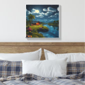 Moonlit Cabin by the River - Natuur muurkunst. Canvas Afdruk (Insitu (Slaapkamer))