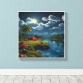 Moonlit Cabin by the River - Natuur muurkunst. Canvas Afdruk (Insitu (Houten vloer))