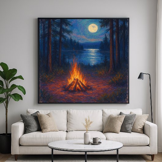 Moonlit Campfire Lake - Pastel Painting Style Art Poster