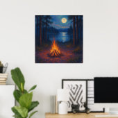 Moonlit Campfire Lake - Pastel Painting Style Art Poster (Thuiskantoor)