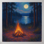 Moonlit Campfire Lake - Pastel Painting Style Art Poster (Voorkant)