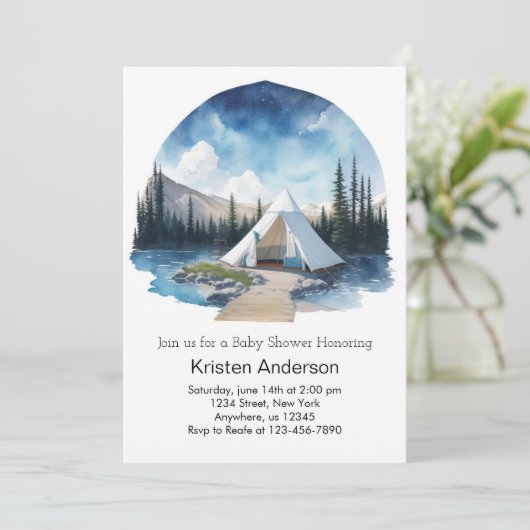 Moonlit Camping Avontuur wacht op Baby shower Kaart (Staand voorkant)