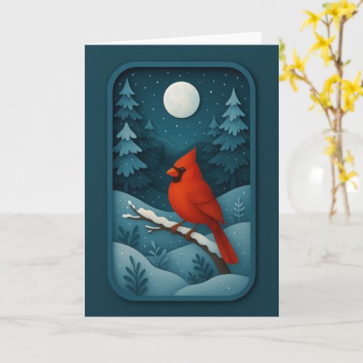 Moonlit Cardinal in Winter Forest Card Kaart (Gele Bloem)