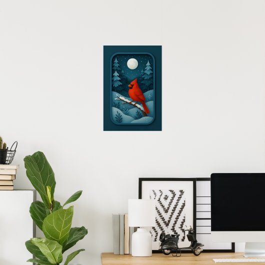 Moonlit Cardinal in Winter Forest Poster (Thuiskantoor)