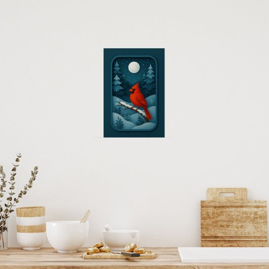 Moonlit Cardinal in Winter Forest Poster (Keuken)