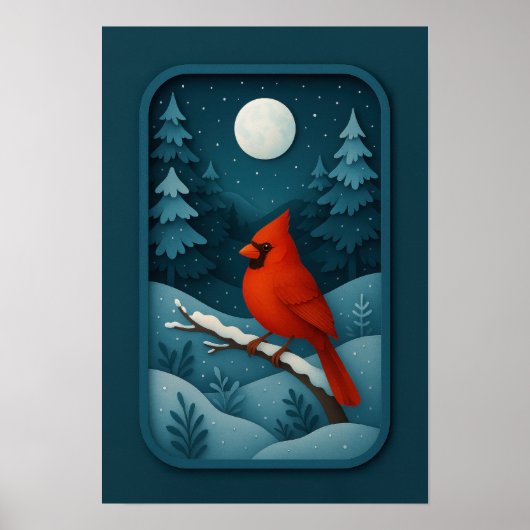 Moonlit Cardinal in Winter Forest Poster (Voorkant)