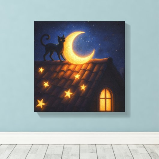Moonlit Cat on Starry Rooftop Canvas Afdruk (Insitu (Houten vloer))