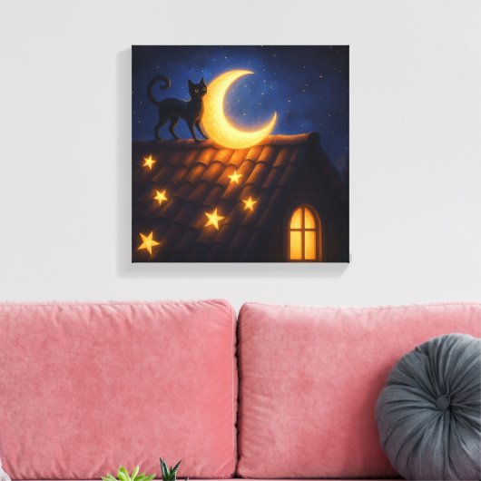 Moonlit Cat on Starry Rooftop Canvas Afdruk (Insitu (Woonkamer))