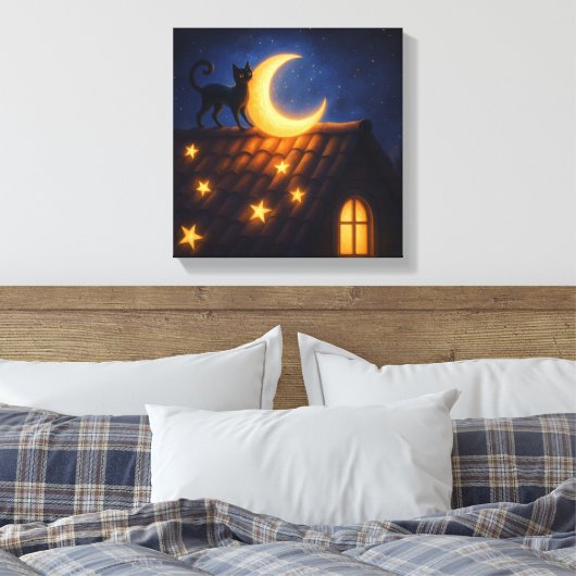 Moonlit Cat on Starry Rooftop Canvas Afdruk (Insitu (Slaapkamer))