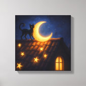 Moonlit Cat on Starry Rooftop Canvas Afdruk (Voorkant)