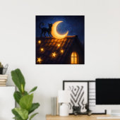 Moonlit Cat on Starry Rooftop Poster (Thuiskantoor)
