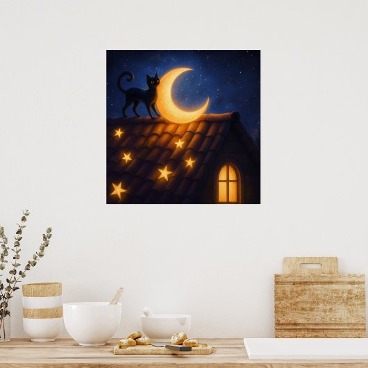 Moonlit Cat on Starry Rooftop Poster (Keuken)