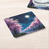 Moonlit Cherry Blossom Anime Landschap Kartonnen Onderzetters (Schuin)