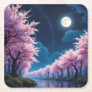 Moonlit Cherry Blossom Anime Landschap Kartonnen Onderzetters