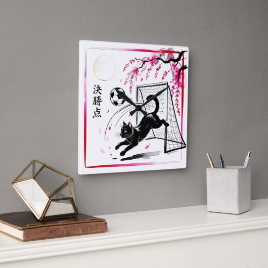 Moonlit Cherry Blossom Cat Soccer For Japanese Hom Vierkante Klok (Kantoor)
