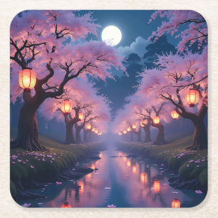 Moonlit Cherry Blossom Lantaarns - Anime Landscape Kartonnen Onderzetters