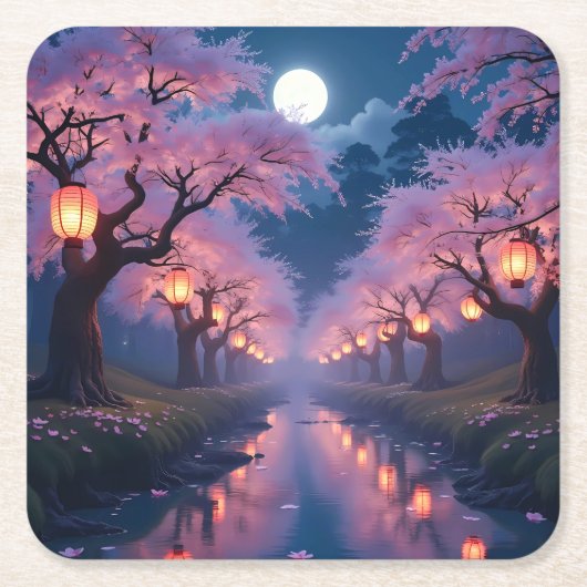 Moonlit Cherry Blossom Lantaarns - Anime Landscape Kartonnen Onderzetters (Voorkant)
