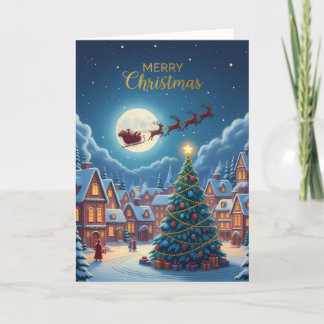 Moonlit Christmas Village — Holiday Greeting Card Kaart