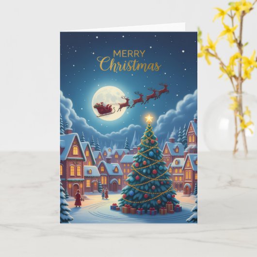 Moonlit Christmas Village — Holiday Greeting Card Kaart (Gele Bloem)
