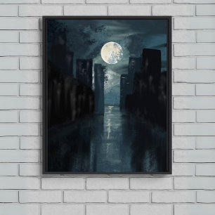 Moonlit City Night – Donkerblauw canvas muurkunst Afdruk