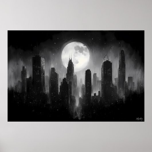 Moonlit City Skyline met Volle Maan - Zwart Wit Poster (Voorkant)