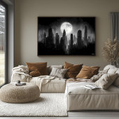 Moonlit City Skyline met Volle Maan - Zwart Wit Poster