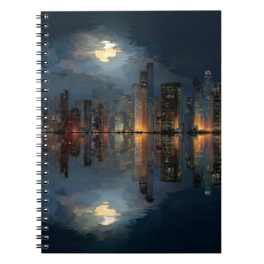 Moonlit City Skyline Reflection Notitieboek (Voorkant)