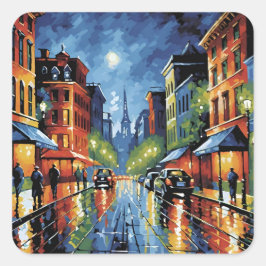 Moonlit City Street Vierkante Sticker