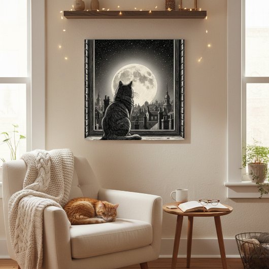 Moonlit Cityscape Cat Poster Black & White Noir 