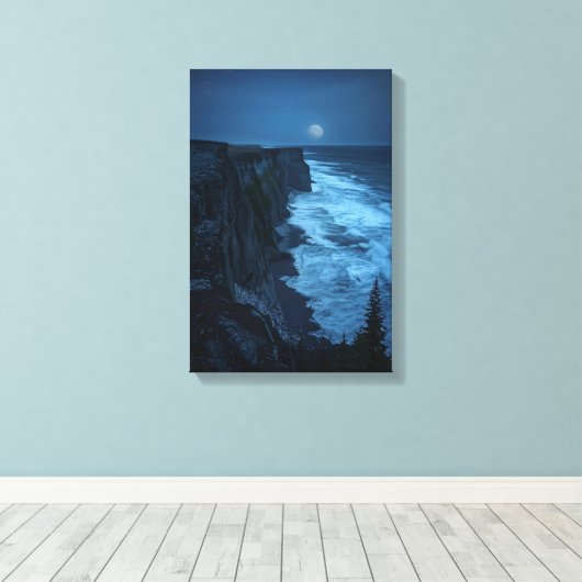 Moonlit Cliffs - Tranquil Midnight Ocean Uitzicht Canvas Afdruk (Insitu (Houten vloer))