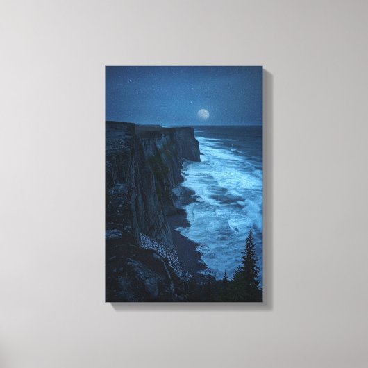 Moonlit Cliffs - Tranquil Midnight Ocean Uitzicht Canvas Afdruk (Voorkant)