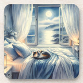 Moonlit Coastal Bedroom with Sleeping Cat Bier Onderzetter (Voorkant)