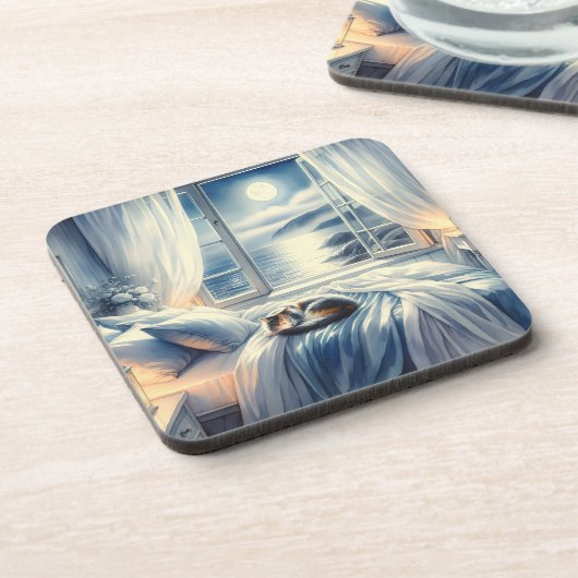 Moonlit Coastal Bedroom with Sleeping Cat Bier Onderzetter (Linkerzijde)