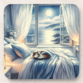Moonlit Coastal Bedroom with Sleeping Cat Bier Onderzetter (Voorkant)