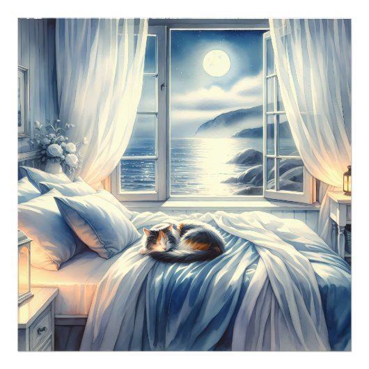 Moonlit Coastal Bedroom with Sleeping Cat Foto Afdruk (Voorkant)