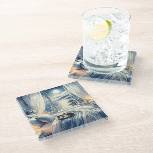 Moonlit Coastal Bedroom with Sleeping Cat Glazen Onderzetter (Schuin)