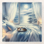 Moonlit Coastal Bedroom with Sleeping Cat Glazen Onderzetter (Voorkant)