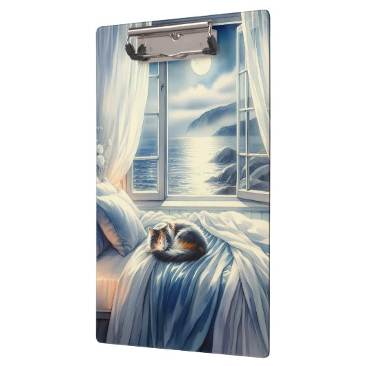 Moonlit Coastal Bedroom with Sleeping Cat Klembord (Links)