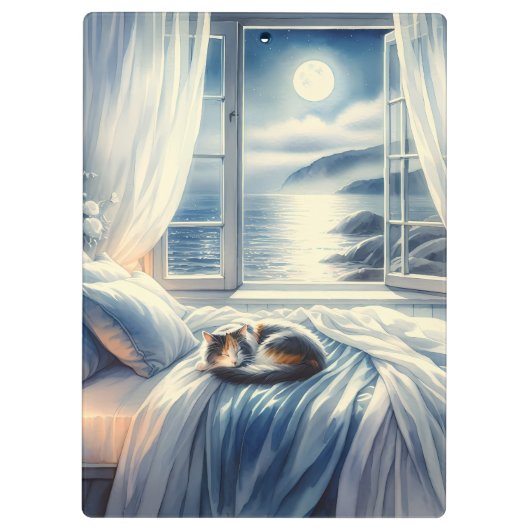 Moonlit Coastal Bedroom with Sleeping Cat Klembord (Achterkant)
