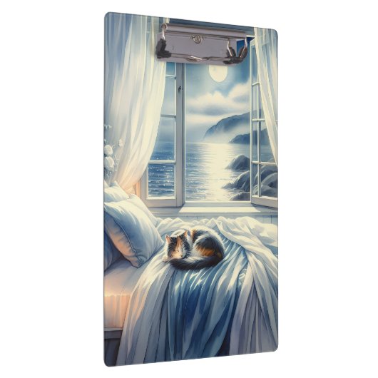 Moonlit Coastal Bedroom with Sleeping Cat Klembord (Rechts)