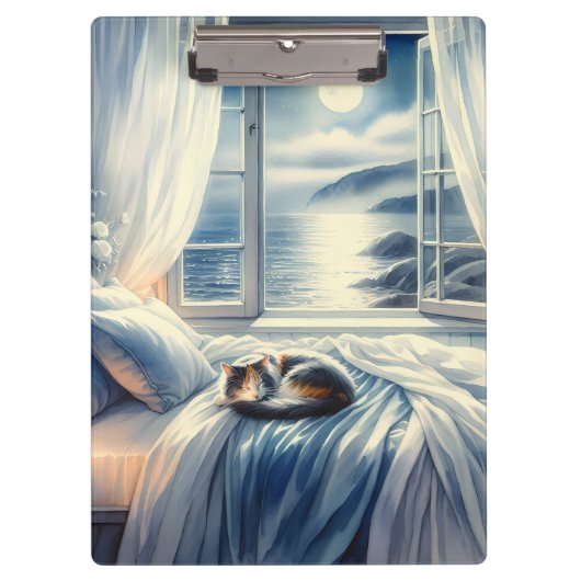 Moonlit Coastal Bedroom with Sleeping Cat Klembord (Voorkant)
