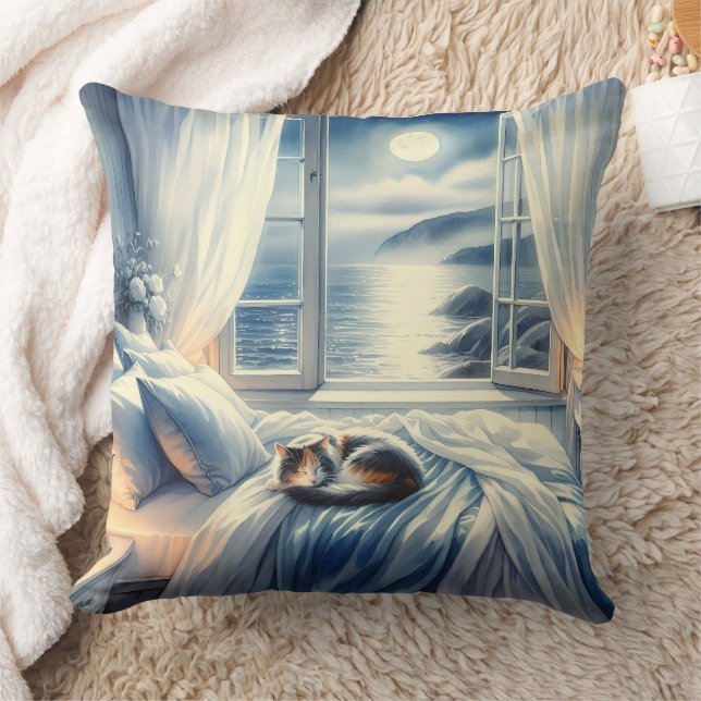 Moonlit Coastal Bedroom with Sleeping Cat Kussen (Deken)