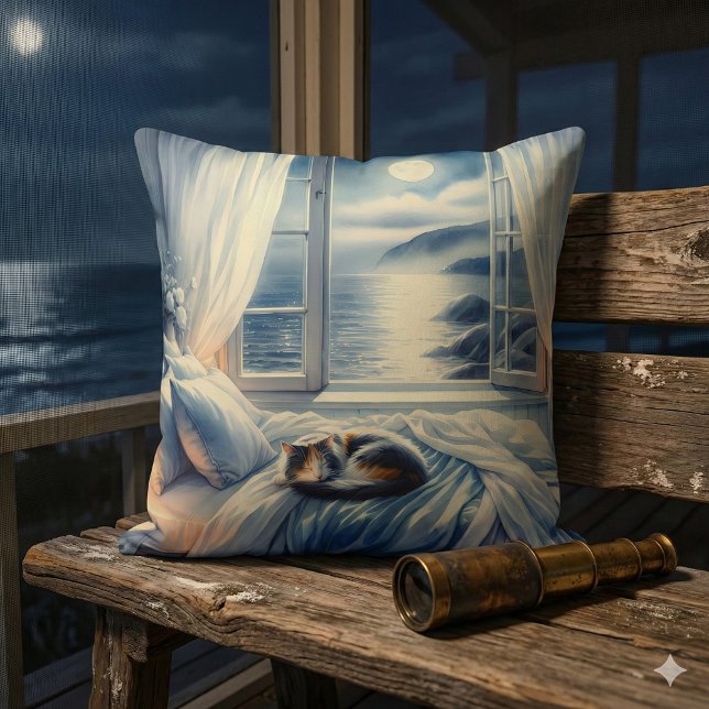 Moonlit Coastal Bedroom with Sleeping Cat Kussen (Moonlit Coastal Bedroom with Sleeping Cat Throw Pillow Mockup A)