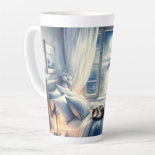 Moonlit Coastal Bedroom with Sleeping Cat Latte Mok (Linkerhoek)