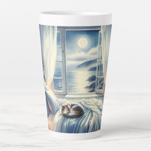 Moonlit Coastal Bedroom with Sleeping Cat Latte Mok (Voorkant)